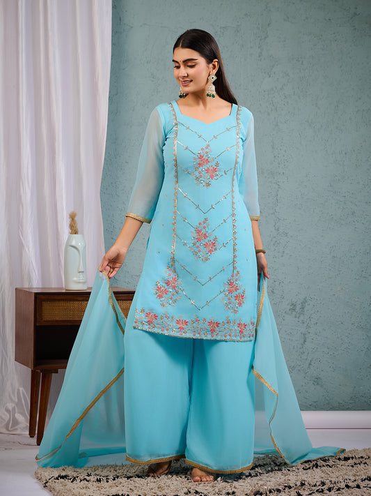 Indian Pakistani Elegant Sky Blue Georgette Embroidered Salwar Suit Ready To Wear Dress