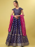 Navy Blue & Pink Banarasi Silk Lehenga Choli with Dupatta
