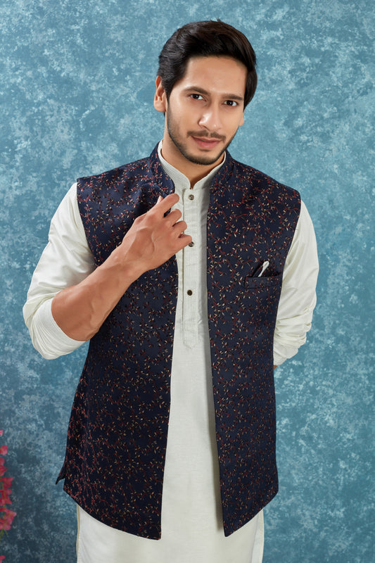 Indian Traditional Men's Jacquard Open Waistcoat Weddings & Festive Occasions Nehru Jacket