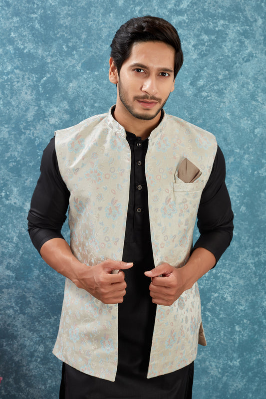 Indian Traditional Men's Jacquard Open Waistcoat Weddings & Festive Occasions Nehru Jacket