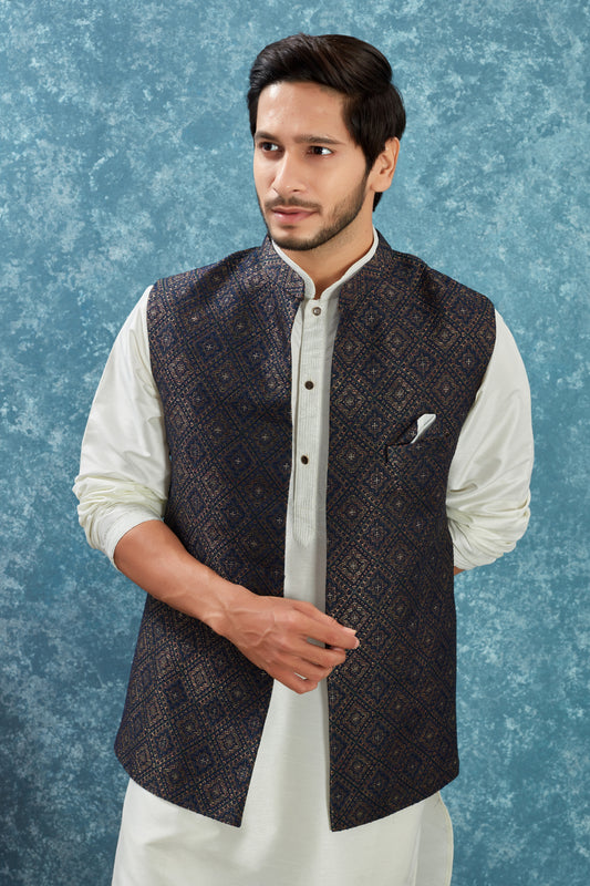 Indian Traditional Men's Jacquard Open Waistcoat Weddings & Festive Occasions Nehru Jacket