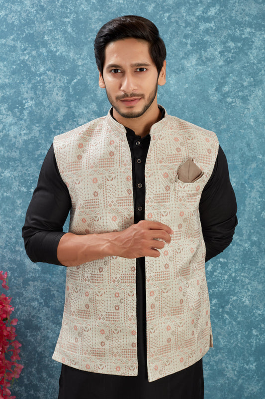 Indian Traditional Men's Jacquard Open Waistcoat Weddings & Festive Occasions Nehru Jacket
