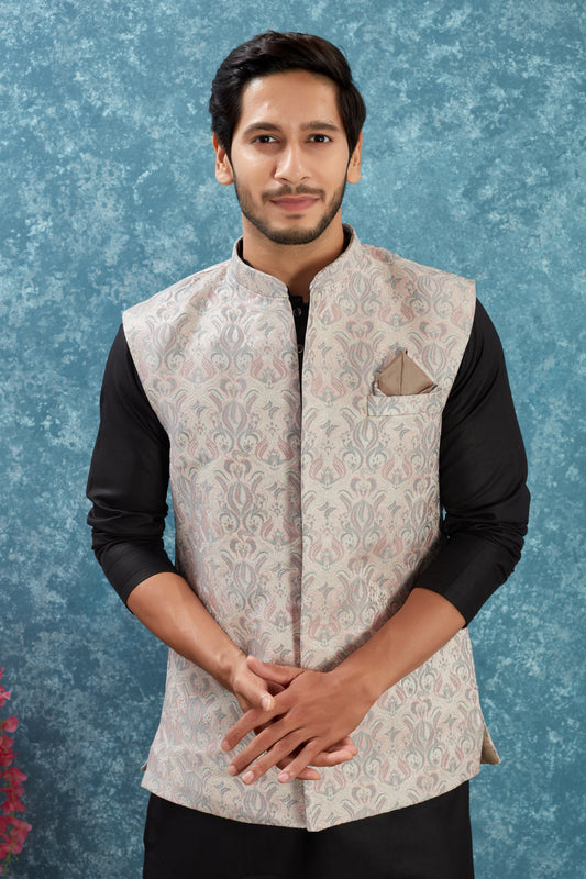 Indian Traditional Men's Jacquard Open Waistcoat Weddings & Festive Occasions Nehru Jacket