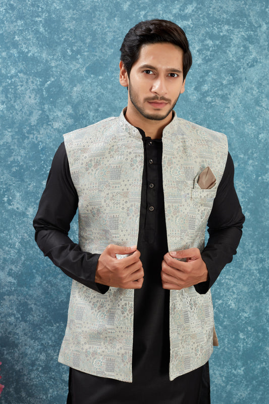 Indian Traditional Men's Jacquard Open Waistcoat Weddings & Festive Occasions Nehru Jacket
