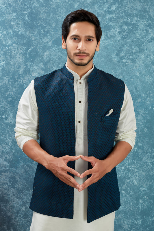 Indian Traditional Men's Jacquard Open Waistcoat Weddings & Festive Occasions Nehru Jacket