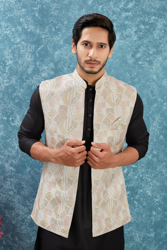 Indian Traditional Men's Jacquard Open Waistcoat Weddings & Festive Occasions Nehru Jacket