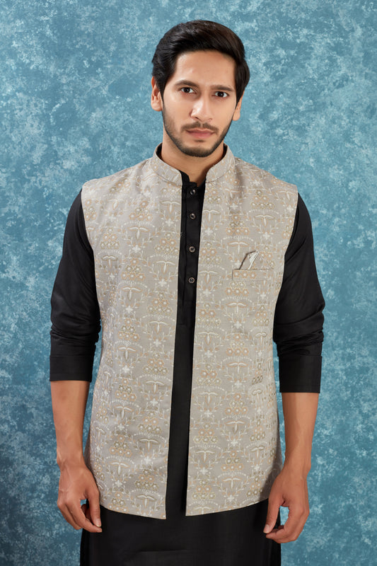 Indian Traditional Men's Jacquard Open Waistcoat Weddings & Festive Occasions Nehru Jacket