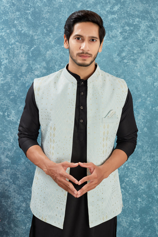 Indian Traditional Men's Jacquard Open Waistcoat Weddings & Festive Occasions Nehru Jacket