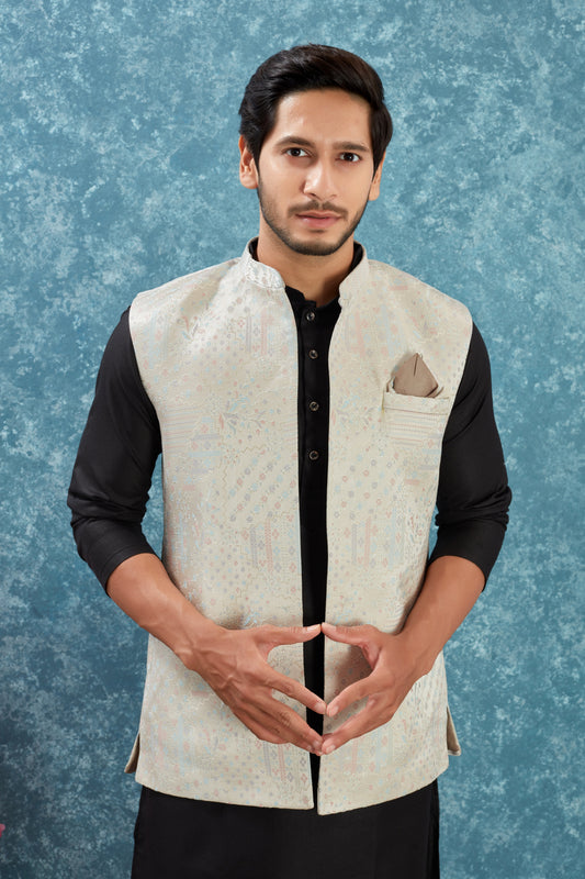 Indian Traditional Men's Jacquard Open Waistcoat Weddings & Festive Occasions Nehru Jacket