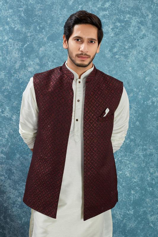 Indian Traditional Men's Jacquard Open Waistcoat Weddings & Festive Occasions Nehru Jacket