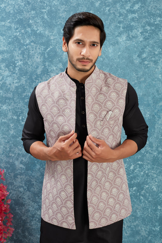 Indian Traditional Men's Jacquard Open Waistcoat Weddings & Festive Occasions Nehru Jacket