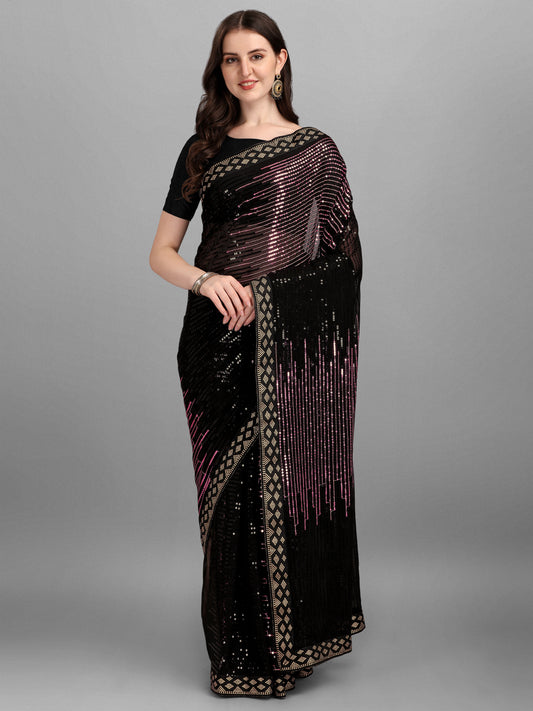 Black & Wine Pyramid Sequin Designer Georgette Saree
