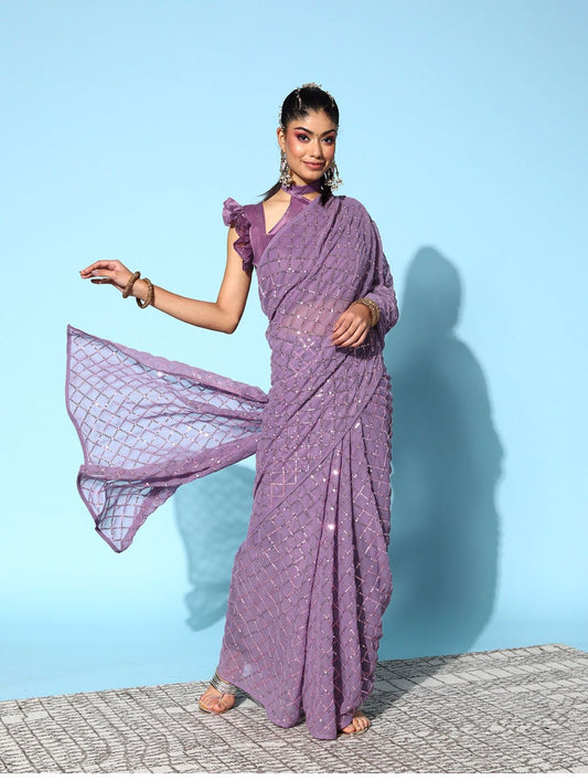 Purple Sequin Georgette Saree with Geometric Diamond Embroidery
