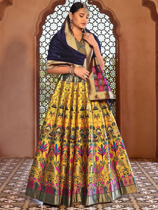 Vibrant Yellow Brocade Lehenga with Designer Blouse & Navy Dupatta