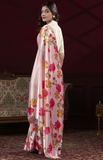 Peach Silk Saree with Multicolor Floral Print and Pearl Detailing