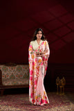 Peach Silk Saree with Multicolor Floral Print and Pearl Detailing