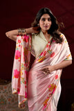 Peach Silk Saree with Multicolor Floral Print and Pearl Detailing