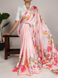 Peach Silk Saree with Multicolor Floral Print and Pearl Detailing