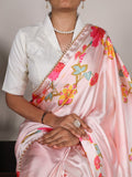 Peach Silk Saree with Multicolor Floral Print and Pearl Detailing