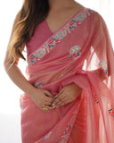 Elegant Peach Organza Saree with Floral Embroidered Border