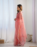 Elegant Peach Organza Saree with Floral Embroidered Border