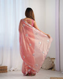 Elegant Peach Organza Saree with Floral Embroidered Border