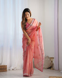 Elegant Peach Organza Saree with Floral Embroidered Border
