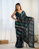 Petrol Blue Sequin Saree Geometric Striped Georgette Saree for Festive & Party Wear