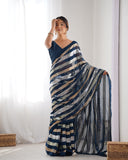 Petrol Blue Sequin Striped Saree Glamorous Georgette Saree for Evening Wear
