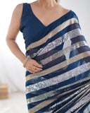 Petrol Blue Sequin Striped Saree Glamorous Georgette Saree for Evening Wear