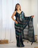 Petrol Blue Sequin Saree Geometric Striped Georgette Saree for Festive & Party Wear