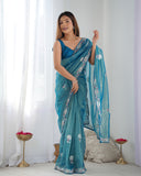 Petrol Blue Organza Saree with Floral Embroidered Border – Premium Ethnic Wear