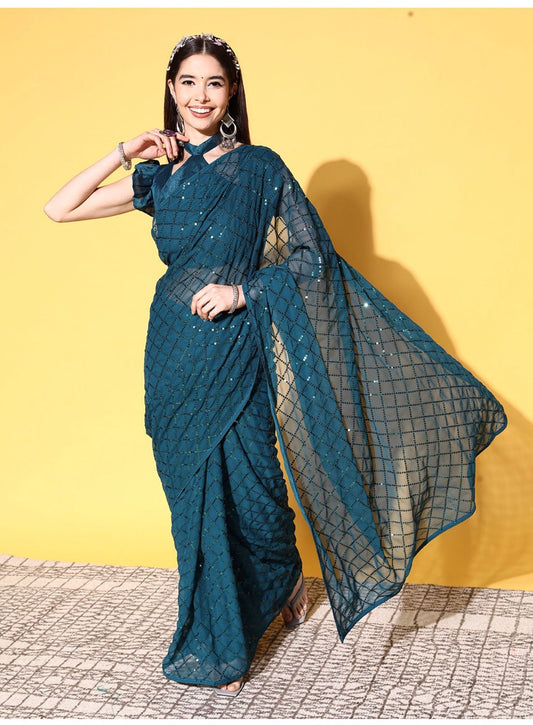 Teal Blue Sequin Georgette Saree with Geometric Diamond Embroidery