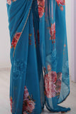 Teal Blue Rose Printed Georgette Saree with Pearl Border