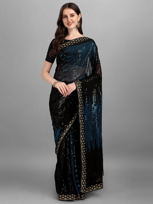 Black & Teal Blue Pyramid Sequin Designer Georgette Saree