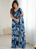 Teal Blue Floral Printed Georgette Saree with Designer Blouse