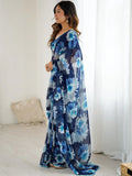 Teal Blue Floral Printed Georgette Saree with Designer Blouse