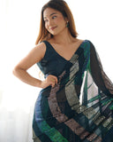 Petrol Blue Sequin Saree Geometric Striped Georgette Saree for Festive & Party Wear