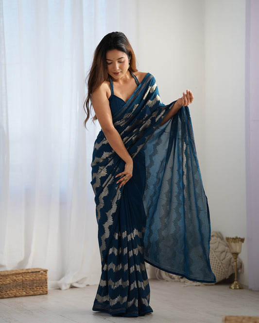 Petrol Blue Pleated Georgette Saree with Metallic Zigzag Weave Contemporary Partywear