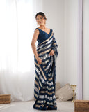 Petrol Blue Sequin Striped Saree Glamorous Georgette Saree for Evening Wear