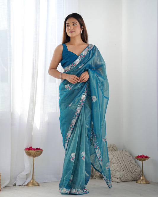Petrol Blue Organza Saree with Floral Embroidered Border – Premium Ethnic Wear