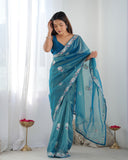 Petrol Blue Organza Saree with Floral Embroidered Border – Premium Ethnic Wear