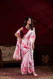 Pink Silk Saree with Multicolor Floral Print and Pearl Detailing