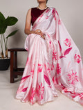 Pink Silk Saree with Multicolor Floral Print and Pearl Detailing