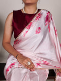 Pink Silk Saree with Multicolor Floral Print and Pearl Detailing