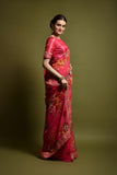 Pink Floral Georgette Saree with Golden Embroidered Border