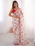 Pink Printed Chiffon Saree with Orange Blouse, Lightweight Designer Saree, Party Wear Saree for Women, Elegant Ethnic Saree Set
