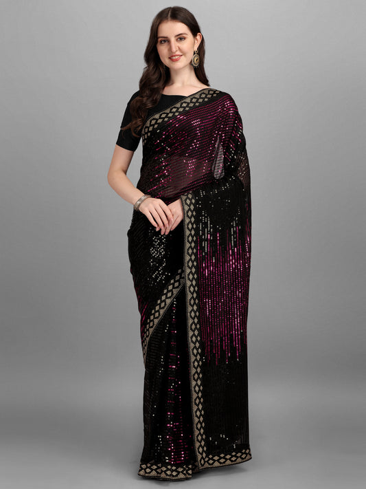 Black & Pink Pyramid Sequin Designer Georgette Saree
