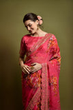 Pink Floral Georgette Saree with Golden Embroidered Border