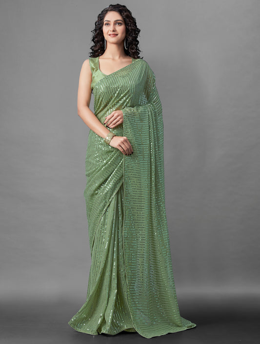 Midnight Noir Pista Green Sequin Georgette Saree For Women